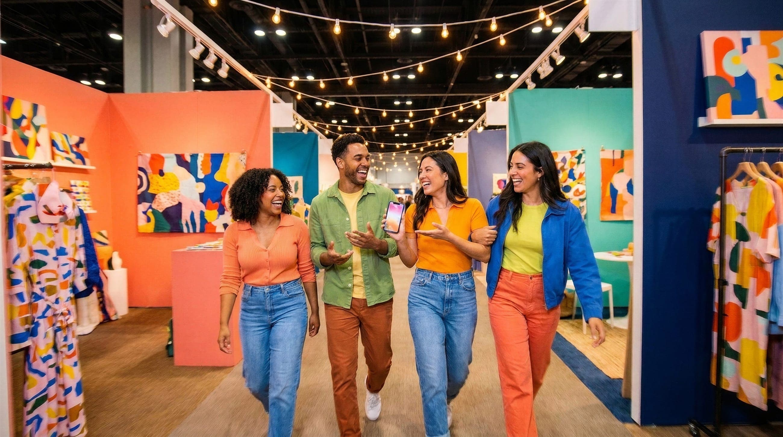 Four friends walk laughing through the aisle of a colorful trade show