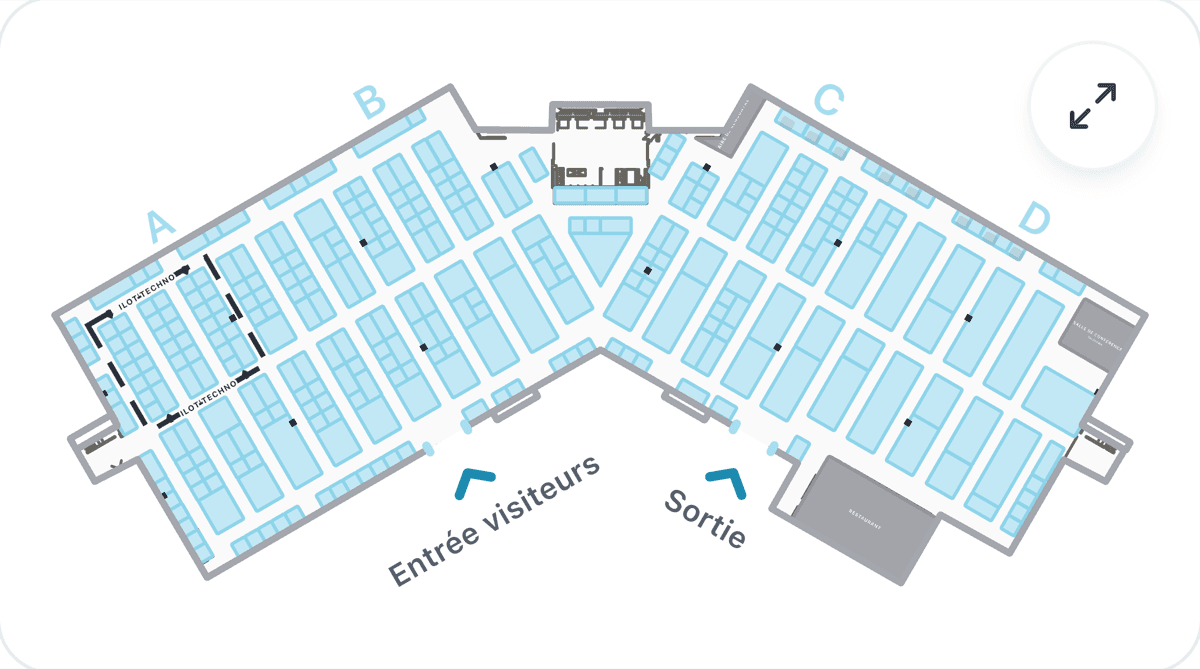 Floor plan of the 2026 Salon industriel de Québec: four booth sections, visitor entrance, exit, restaurant and conference room