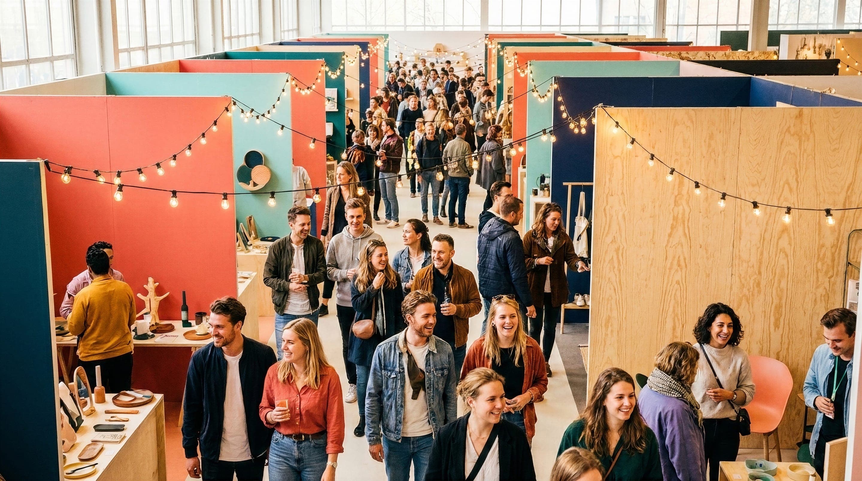 Lively trade show aisles: smiling visitors stroll between colorful booths under string lights
